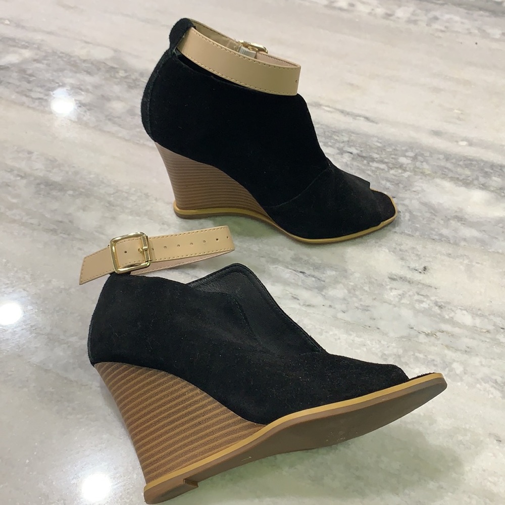 Woven brand Black Suede Peep-Toe Wedge